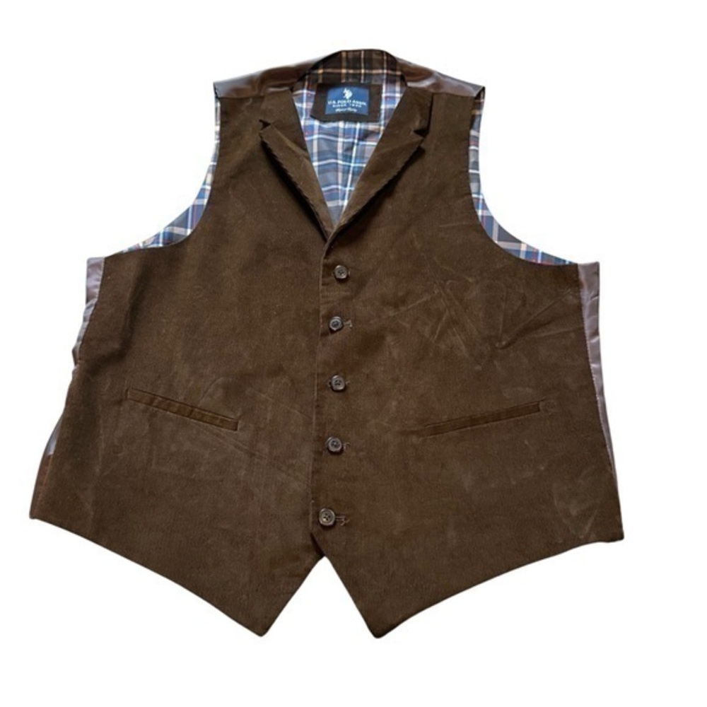 US Polo ASSN Brown Suede Vest with Plaid Lining